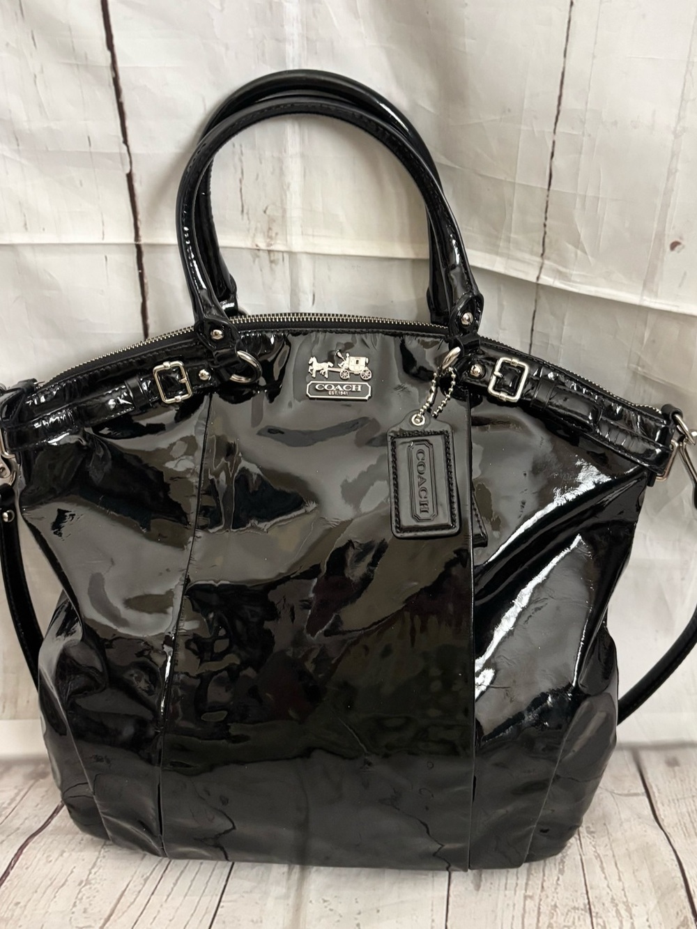 Coach Madison Lindsay Satchel Black Patent Leather Tote Silver Hardware Hangtag